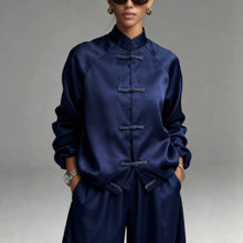 Load image into Gallery viewer, Women's Satin Two-Piece Set — Frog Button Jacket &amp; Wide Leg Pants
