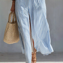Load image into Gallery viewer, Women's Blue &amp; White Striped Maxi Dress | V-Neck Waist-Tie Side Split Beach Dress
