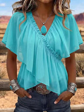 Load image into Gallery viewer, Women's Cross V-Neck Pleated Ruffle Flare Sleeve Chiffon Blouse
