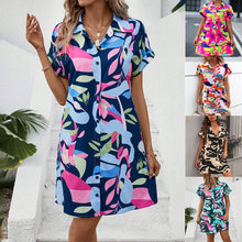 Load image into Gallery viewer, Women's Colorful Tropical Print Shirt Dress – Button Front Short Sleeve Collared A-Line Midi
