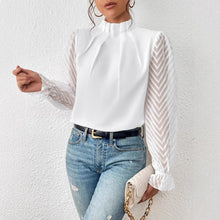 Load image into Gallery viewer, Women's Mock Neck Chiffon Blouse – Wave Pattern Sheer Long Sleeve with Ruffle Cuffs
