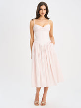 Load image into Gallery viewer, Zania Pink Stripe Ruched Breast Cotton Jacquard Midi Dress
