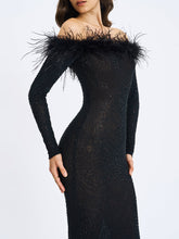 Load image into Gallery viewer, Emberly Black Fur Trimmed Off-Shoulder Rhinestone Mermaid Maxi Dress
