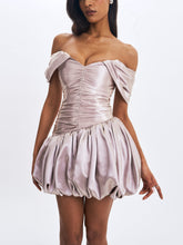 Load image into Gallery viewer, Milena Champagne Ruched Asymmetrical Bubble Mini Dress
