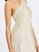 Load image into Gallery viewer, Quimera Almond Beaded Cape Halter Off-Shoulder Maxi Gown
