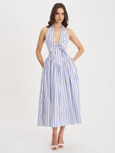Load image into Gallery viewer, Mackenna Navy Stripe Halter Smock Back Maxi Dress
