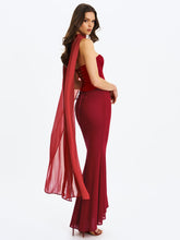 Load image into Gallery viewer, Giselle Crimson Peplum Mermaid Gown with Chiffon Scarf
