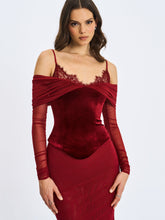 Load image into Gallery viewer, Maybelle Magenta Bardot Lace Strap Peplum Maxi Dress
