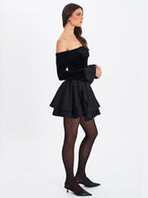 Load image into Gallery viewer, Magnolia Black Off-Shoulder Layered Satin Mini Dress
