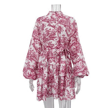Load image into Gallery viewer, Ink Print Long Sleeve Short Dress With Fashion Puffy Sleeve Lapel Tie A-Line Dress Clothing
