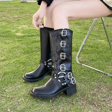 Load image into Gallery viewer, Block Heel Knee High : Motorcycle Boots With Buckle
