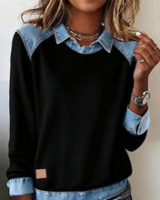 Load image into Gallery viewer, Denim Collar Patchwork Pullover Knitwear Top – Women’s Street Style
