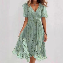 Load image into Gallery viewer, Floral Print A-Line Dress – V-Neck Short Sleeve Midi Dress
