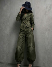 Load image into Gallery viewer, Women's Washed Distressed Denim Asymmetric Double-Breasted Jacket &amp; Balloon-Leg Trouser Set
