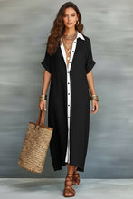 Load image into Gallery viewer, Color-Block Shirt Maxi Dress – Women's Loose Button-Front Long Dress with Contrast Collar
