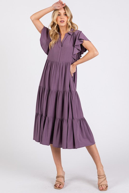 Ruffle Sleeve Collared V Neck Tiered Midi Dress For Women – Elegant and Feminine Dress with Ruffled Sleeves and Tiered Design