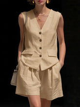 Load image into Gallery viewer, Women’s Cotton Linen Sleeveless Vest Top and Shorts Set
