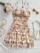 Load image into Gallery viewer, Boho Floral Spaghetti Strap Mini Dress – Ruched Ruffle Hem Vacation Sundress

