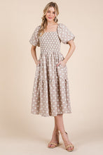 Load image into Gallery viewer, New Floral Embroidered Smocked Puff Sleeve Tiered Midi Dress For Women Elegant,Charming and Feminine Floral Embroidered Midi Dress with Puff Sleeves and Tiered Design
