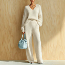 Load image into Gallery viewer, Women's Fluffy V-Neck Oversized Sweater &amp; Wide-Rib Wide-Leg Knit Trouser Set

