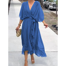 Load image into Gallery viewer, Batwing Sleeve V-Neck Midi Dress – Tied Irregular Hem Fairy Dress
