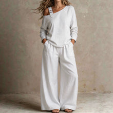 Load image into Gallery viewer, Women's One-Shoulder Buckle-Strap Long-Sleeve Linen Blend Top &amp; Wide-Leg Palazzo Trouser Set
