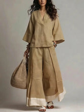 Load image into Gallery viewer, Women's Cotton-Linen V-Neck 3/4 Sleeve Shirt &amp; Wide-Leg Pants Set
