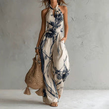 Load image into Gallery viewer, Apricot Ink Print Halter Neck Wide Leg Jumpsuit with Pockets

