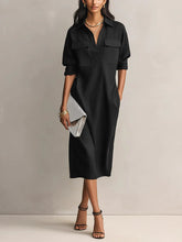 Load image into Gallery viewer, Women's Solid Color Pleated A-Line Midi Dress | Elegant Office Casual Shirt Collar Dress
