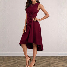 Load image into Gallery viewer, Women's Solid Color Twist Knot Sleeveless Midi Dress – Round Neck Side Ruched Asymmetric Hem
