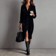 Load image into Gallery viewer, Women's Corduroy Long Sleeve Shirt Dress – Turn-Down Collar Button Front Midi with Pockets
