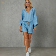 Load image into Gallery viewer, Women's Loose V-Neck Long Sleeve Striped Shorts Set – Casual Leisure
