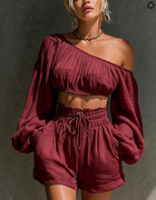 Load image into Gallery viewer, Women's One-Shoulder Ruched Crop Top &amp; High-Waist Shorts Set
