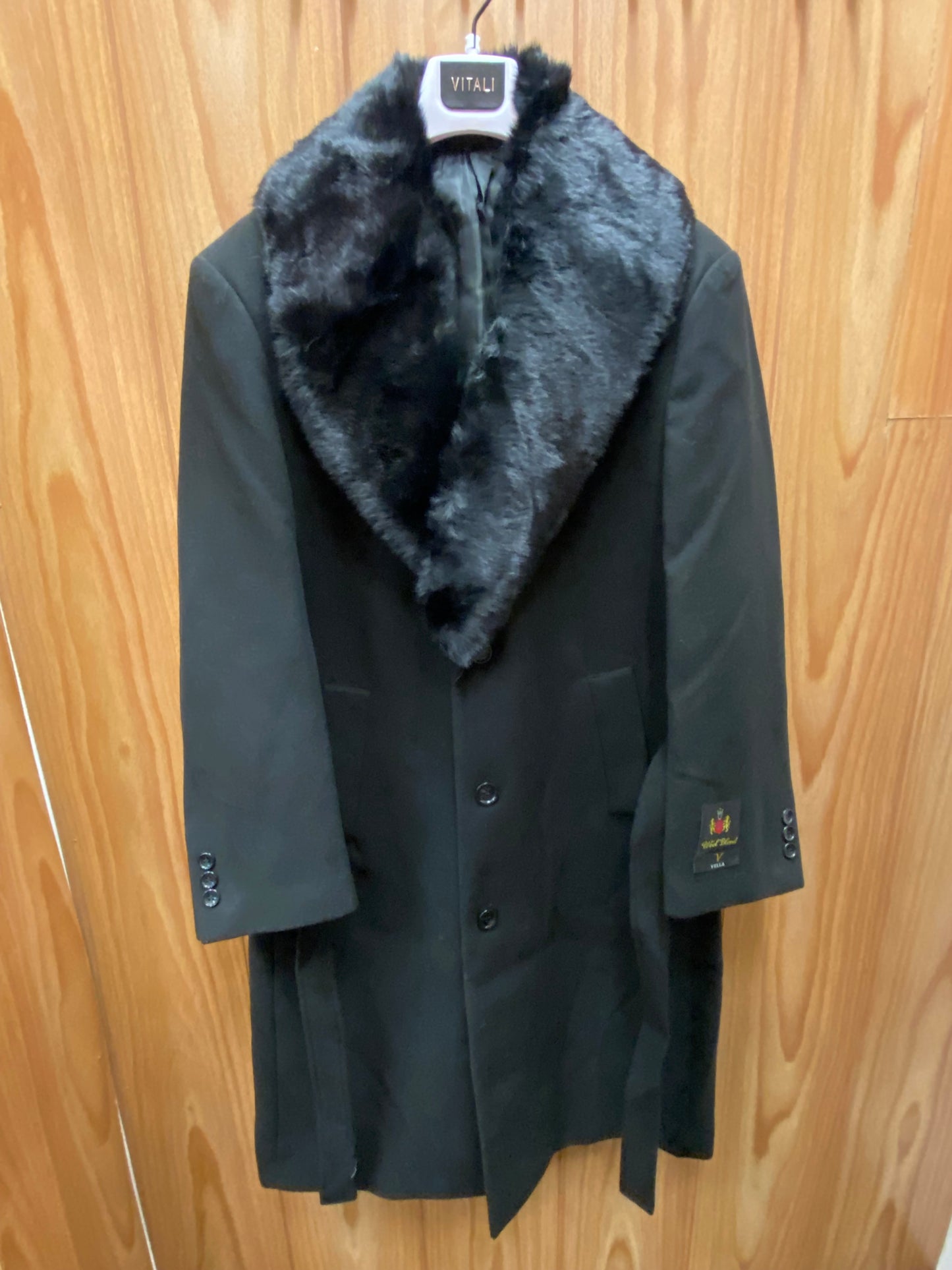 Vella Black V7010 Fur Collar Overcoat/Topcoat