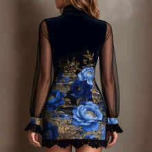 Load image into Gallery viewer, Women's Lace Trim Printed Tulle Bodycon Mini Dress with Bubble Sleeves
