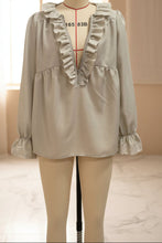Load image into Gallery viewer, Women's V-Neck Ruffle Trim Flared Cuff Long Sleeve Blouse
