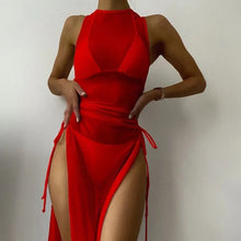 Load image into Gallery viewer, Women's Solid Color Three-Piece Bikini Set with Maxi Dress Cover-Up
