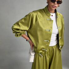 Load image into Gallery viewer, Women's Satin Two-Piece Set — Frog Button Jacket &amp; Wide Leg Pants
