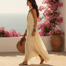 Load image into Gallery viewer, Beige White Halter Neck Maxi Dress – Boho Fairy Sleeveless Long Dress

