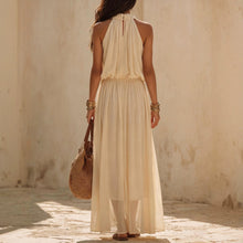 Load image into Gallery viewer, Beige White Halter Neck Maxi Dress – Boho Fairy Sleeveless Long Dress
