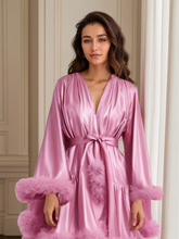 Load image into Gallery viewer, Short Satin Feather Robe – Holiday Photoshoot, Christmas Gift, Glam Party Outfit
