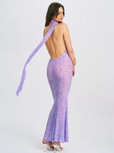 Load image into Gallery viewer, Olena Purple Burnout Velvet Animal Print Mesh Halter Neck Maxi Dress
