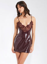 Load image into Gallery viewer, Shelby Dark Brown Vegan Leather with Lace Mini Dress
