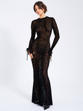 Load image into Gallery viewer, Waylynn Black Animal Print Burnout Velvet Detail Mesh Backless Maxi Dress
