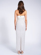 Load image into Gallery viewer, Lainey White Satin Sequin Pearls Beaded Maxi Dress
