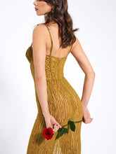 Load image into Gallery viewer, Ulani Gold Burnout Velvet Detail Mesh Maxi Dress
