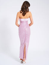 Load image into Gallery viewer, Lainey Purple Satin Sequin Pearls Beaded Maxi Dress
