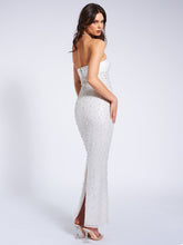 Load image into Gallery viewer, Lainey White Satin Sequin Pearls Beaded Maxi Dress
