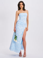 Load image into Gallery viewer, Xatia Baby Blue Jacquard Textured High Slit Maxi Dress
