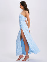 Load image into Gallery viewer, Xatia Baby Blue Jacquard Textured High Slit Maxi Dress
